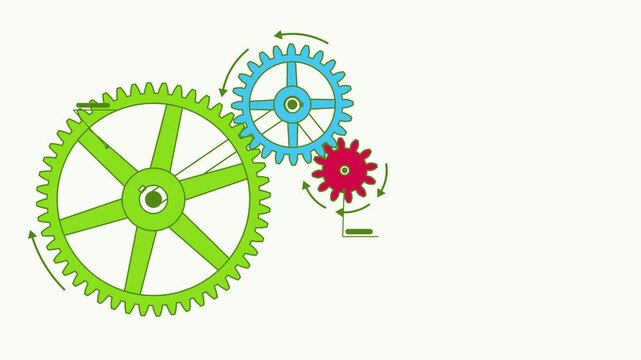 Seamless 4K looping engineering animation: gear train speed increasing gradually. Clean vector mechanism diagram with motion arrows and blank callout tags in green and lime on a light background, leav