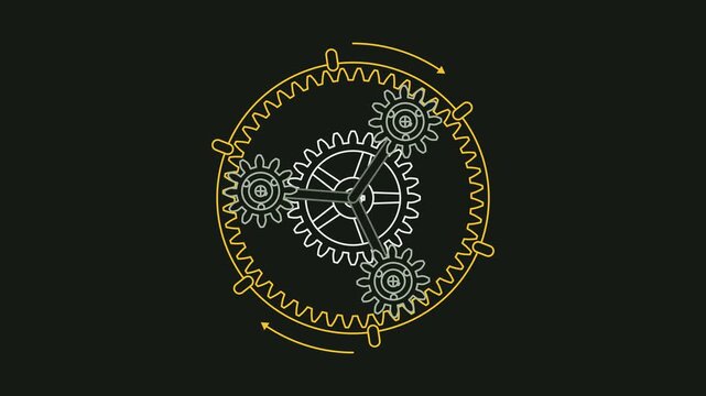 Seamless 4K looping engineering animation: planetary ring gear turning slowly. Clean vector mechanism diagram with motion arrows and blank callout tags in green and lime on a dark background, leaving 