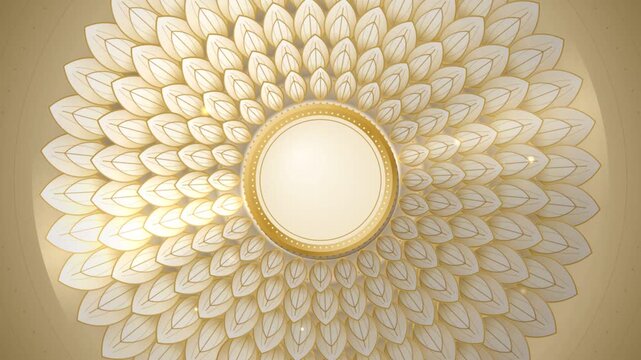 Golden and white mandala flower pattern with glowing lights rotating slowly for a luxury background design