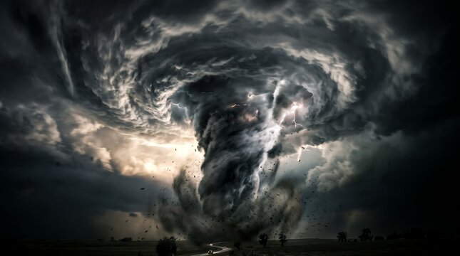 Powerful tornado storm with dark swirling vortex showcasing extreme weather destruction, atmospheric cloud cyclone and flying debris, concept for natural disaster and climate emergency