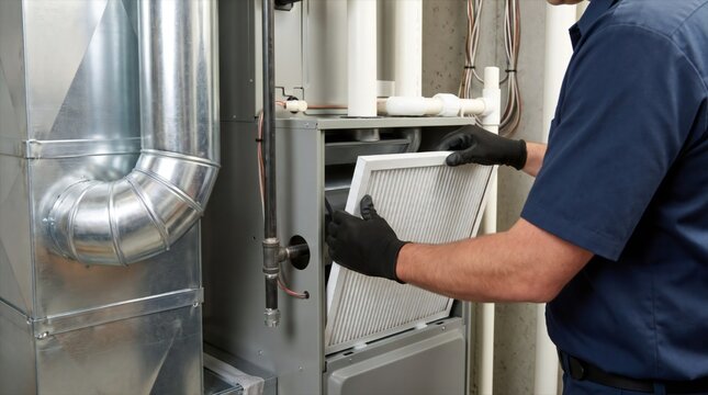 Professional HVAC technician replacing dirty air filter inside residential heating furnace unit during regular scheduled annual maintenance service