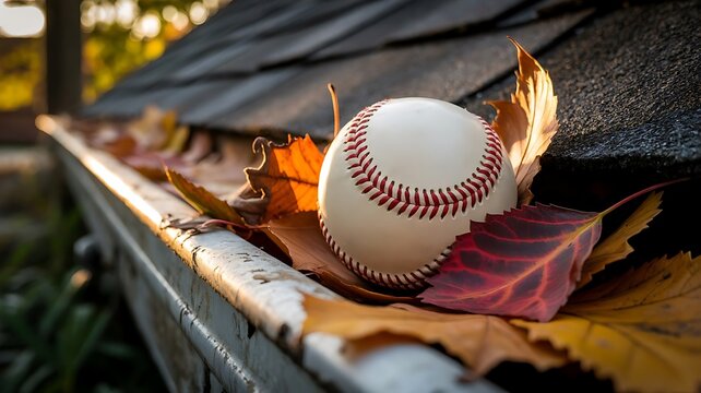 A white baseball with red stitching resting in a metal house gutter filled with colorful fallen autumn leaves during a bright sunny afternoon