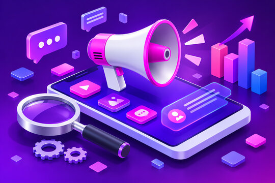 Neon digital marketing analytics scene with smartphone, megaphone, growth charts, and search icons on purple background