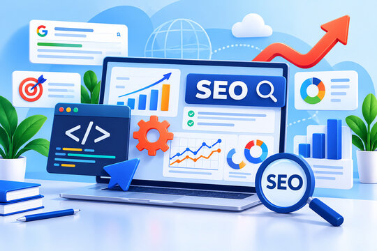 SEO analytics dashboard with laptop, charts, graphs, magnifying glass, code window, and growing red arrow on blue background