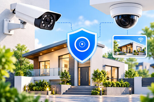 Smart home security camera system with surveillance dome and bullet cameras protecting a residence