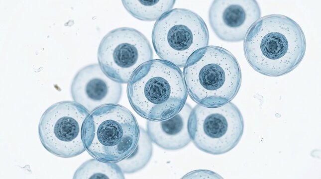 Blue biological cells with nuclei floating in white liquid medical background