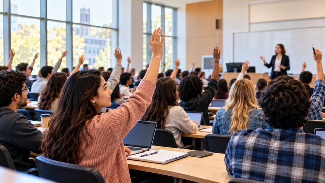 Diverse students raising hands in university classroom asking questions during professor lecture.