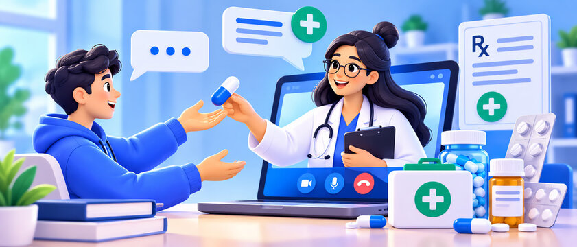 Telemedicine consultation with a female doctor handing a pill to a young man through a laptop screen, accompanied by medical prescription, pills, and chat bubbles