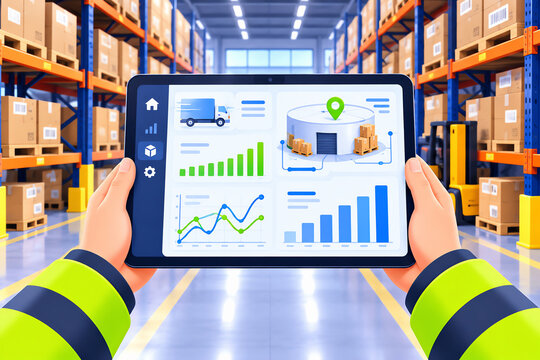 Warehouse analytics tablet dashboard showing inventory data and logistics charts in a fulfillment center