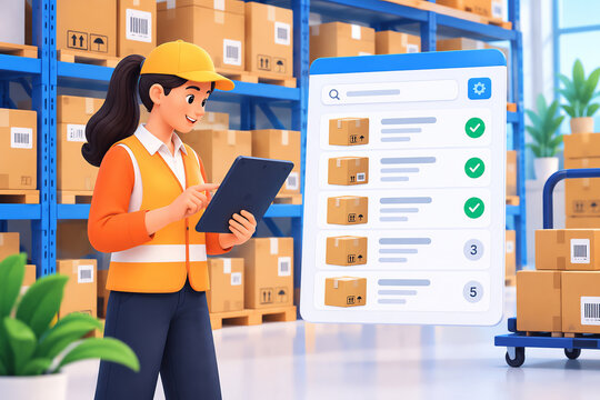 Warehouse inventory checklist dashboard with female worker using tablet and cardboard boxes