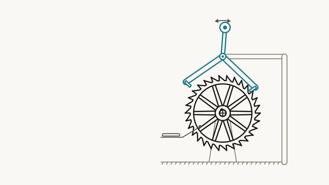 Seamless 4K looping engineering animation: escapement anchor rocking motion back. Clean vector mechanism diagram with motion arrows and blank callout tags in teal and cyan on a light background, leavi