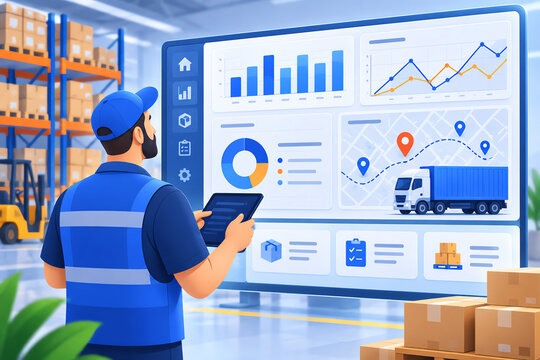 Warehouse worker using tablet in front of logistics analytics dashboard with charts and delivery truck