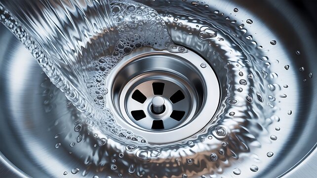 Clear water flowing into a stainless steel kitchen sink drain, close-up view of water splashing and swirling around the metal basin, home plumbing