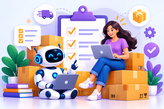 Woman and robot working together on laptops amidst cardboard shipping boxes, clipboard, and logistics icons