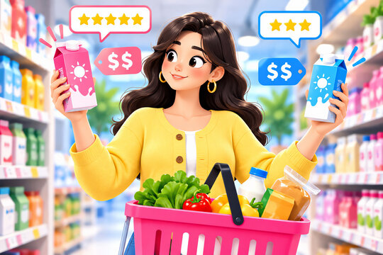 Woman comparing two milk cartons in supermarket aisles, holding pink and blue juice boxes with price and rating icons, grocery shopping