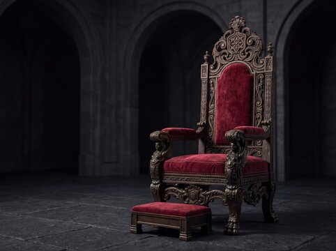 Royal ornate wooden throne with red velvet in a dark castle hall