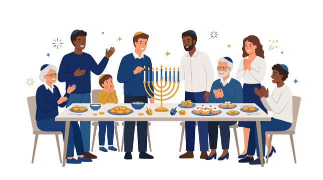 Happy family celebrating Hanukkah with menorah and traditional food at dining table