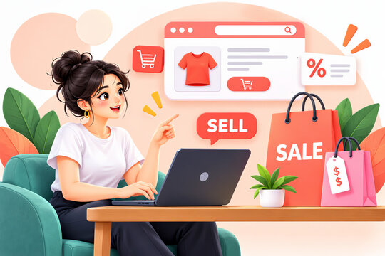 Young woman shopping online with laptop and credit card, surrounded by shopping bags and discount icons