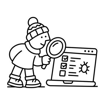 A person examines a browser window through a magnifying glass, with a bug and a checklist on screen for checking software quality before release.