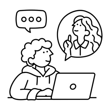 A person sits at a laptop beneath a speech bubble and a circular view of another participant, showing a remote conversation over a video call.