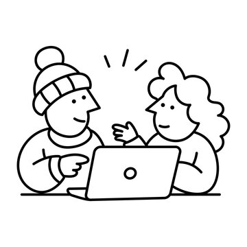 Two coworkers gather behind one laptop, with one holding a mug while the other gestures, sharing ideas and coordinating their work on a project.