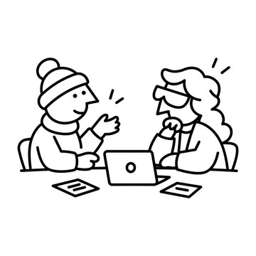 Two people talk across a table with an open laptop and small paper notes between them, discussing work during a face-to-face client meeting.