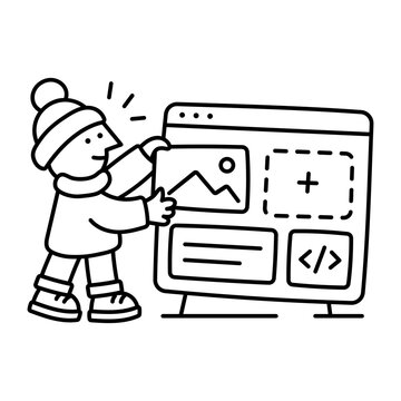 A person arranges panels on a large browser page containing an image, a plus sign, and code brackets, assembling the parts of a website layout.