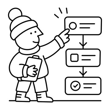 A person points to the top box of a vertical flowchart with arrows and a checked final step, explaining the sequence of a business work process.