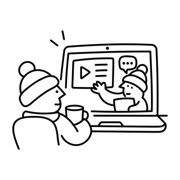 A person watches a laptop displaying an instructor and a lesson panel with a play symbol, joining a virtual workshop from behind the computer.