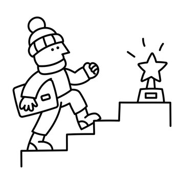 A person carrying a briefcase climbs a short staircase toward a star trophy, representing professional progress and the pursuit of career goals.