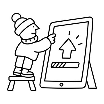 A person stands on a small stool and touches an oversized tablet with an upward arrow and progress bar, starting an update on a digital device.