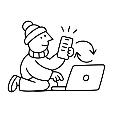 A seated person holds a smartphone above an open laptop while curved arrows connect the devices, transferring updates between linked screens.