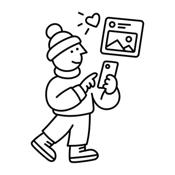 A person walks while holding a smartphone beneath a floating photo panel and heart, representing image sharing and engagement on social media.