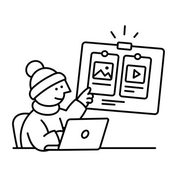 A person points toward a large board containing photo and video panels while using a laptop, organizing visual material for upcoming online posts.