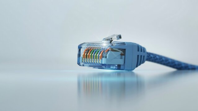Close up of a blue ethernet network cable connector with visible colorful wires inside, isolated on a clean light grey background, with soft glow