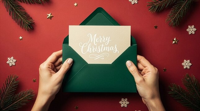 A top-down view of hands holding a green envelope containing a white "Merry Christmas" greeting card, neatly arranged on a clean red background bordered by pine tree branches.
