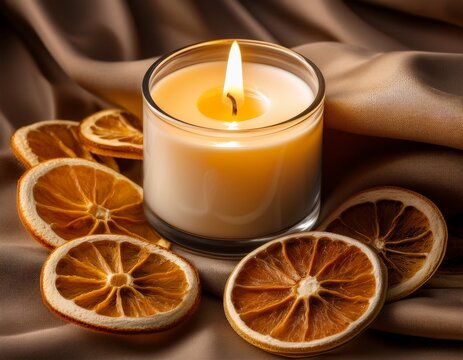 a glowing candle surrounded by dried orange slices on a soft fabric creating a warm and inviting ambiance