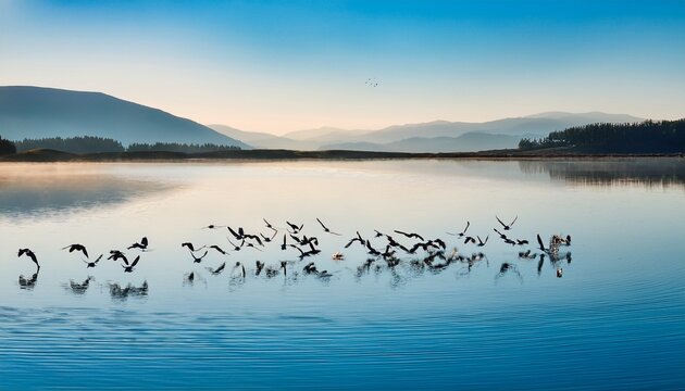 birds in formation over a calm lake serene landscape tranquil atmosphere minimal reflections creating harmony in nature