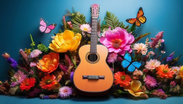 vibrant acoustic guitar surrounded by colorful flowers and butterflies blending nature and music in harmony