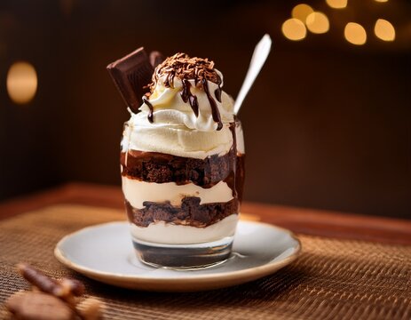 delicious dessert featuring layers of brownie ice cream whipped cream and chocolate sauce in a glass