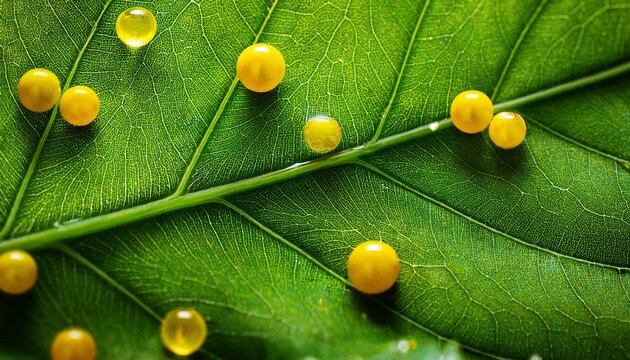 detailed macro shot of green leaf with translucent yellow spheres