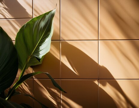 close up tiled wall plant right side green leafy casting long dramatic shadows on warm beige
