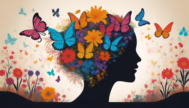 floral head silhouette with butterflies emerging from colorful flowers symbolizing transformation and natural beauty in a creative conceptual art scene