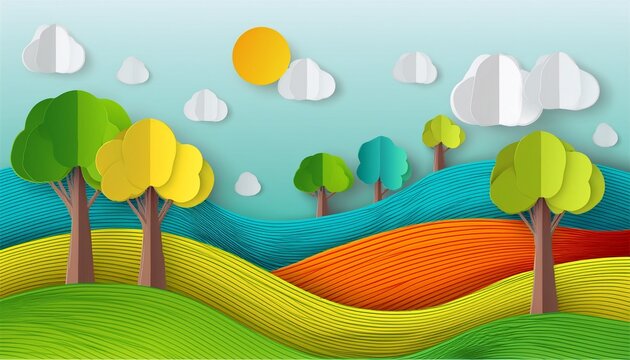 colorful paper landscape with tree and wavy hills design
