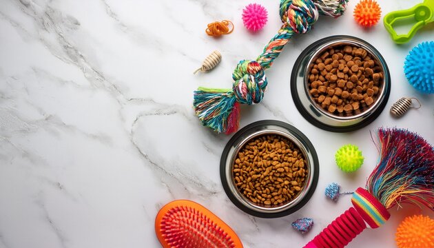 pet care accessories flat lay with dry food bowls colorful rope toys spiky balls and grooming brushes on white marble