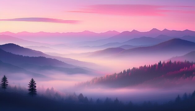 ethereal pastel misty landscape at dawn soft pink and purple fog drapes over distant mountains and tranquil forest