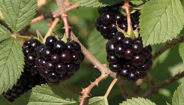 Fresh black blackberries group with green leaves and stems perfect for organic food packaging designs.

