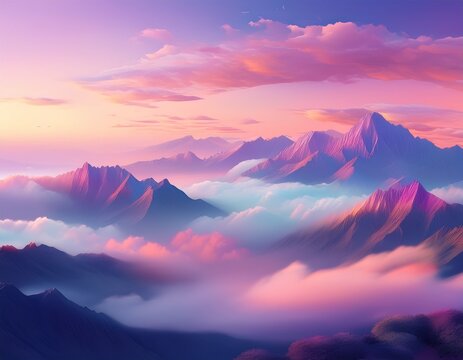 ethereal pastel sunrise mountain peaks emerge from a sea of soft pink and purple clouds dreamy landscape