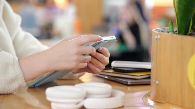Hands hold tablet near wooden planter with green plant. White earphones rest on desk. Background shows blurred office space. Person wears light sweater and ring on finger. Planter has yellow sticker