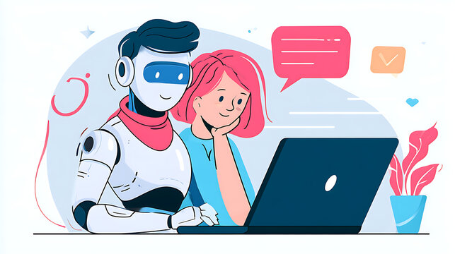 Friendly AI robot and smiling woman working together on a laptop. Colorful flat illustration representing artificial intelligence, human robot collaboration, digital assistance and future technology.
